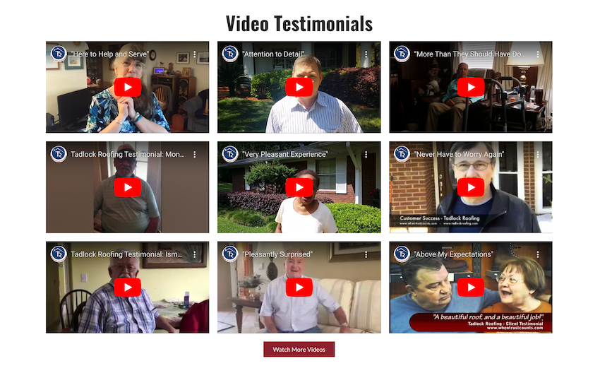 Video testimonials from Tadlock Roofing customers